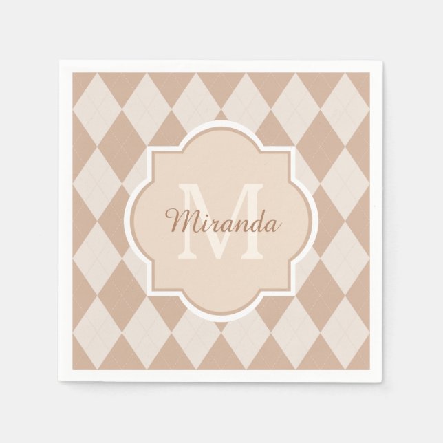 Preppy Light Brown Argyle Girly Monogram och Namn Pappersservett (Framsidan)