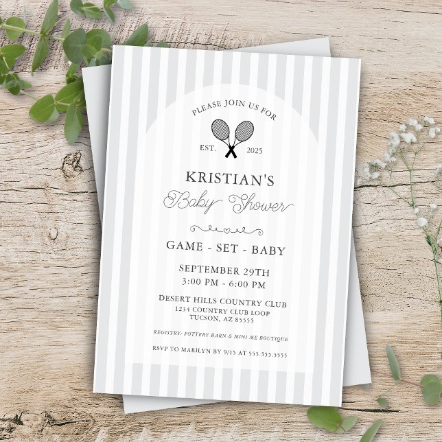 Preppy Light Grått Tennis Land Klubb Baby Shower Inbjudningar (Light grey preppy chic elegant baby shower don't wrap gifts display shower card enclosure inserts)