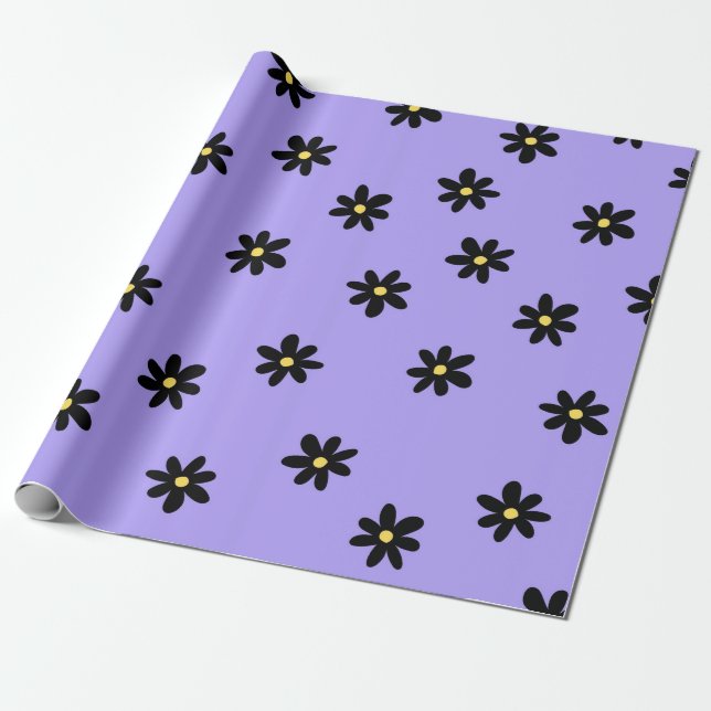Preppy Lila Black Blommigt Simple Flower Mönster Presentpapper (Utrullad)