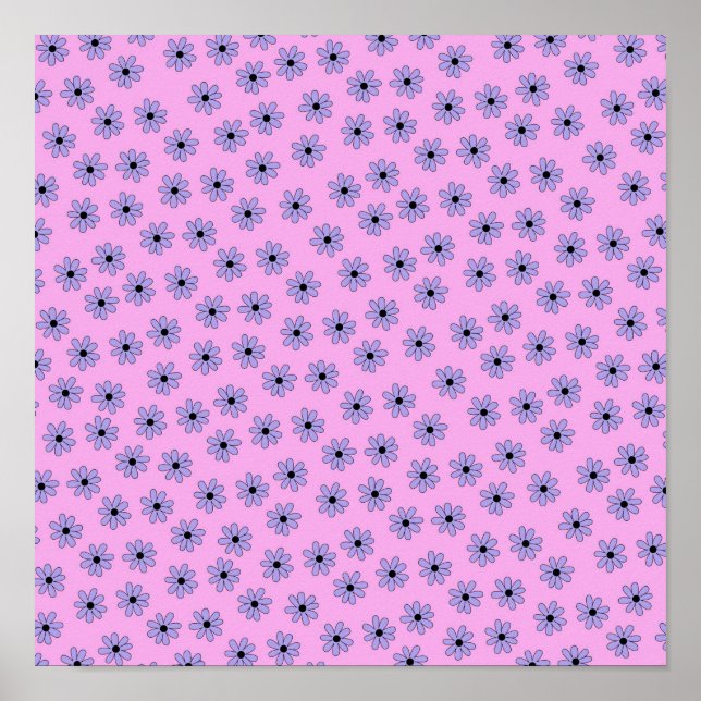 Preppy Lila Blue Hippie Flower Mönster Poster (Framsidan)