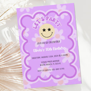 Preppy Lila Daisy Y2K Lycklig Ansikte Party födels Inbjudningar