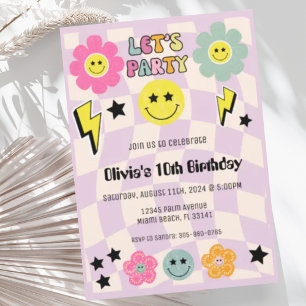 Preppy Lila Y2K Lycklig Ansikte Party födelsedag Inbjudningar