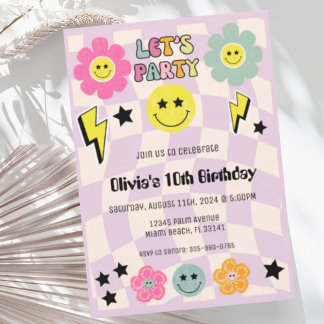 Preppy Lila Y2K Lycklig Ansikte Party födelsedag Inbjudningar