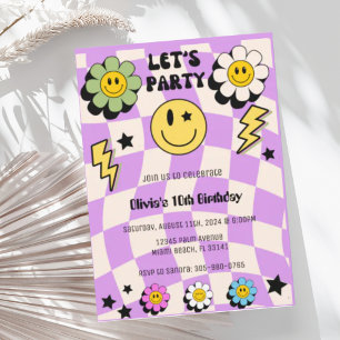Preppy Lila Y2K Retro Lycklig Party Ansikte Birthd Inbjudningar