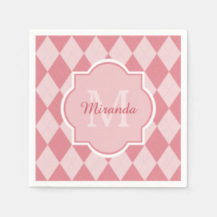 Preppy Ljus rosa Argyle Girly Monogram Party Namn Pappersservett