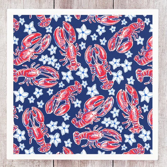 Preppy Lobster Flower Red Navy Mönster Pappersservett (Skapare uppladdad)