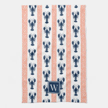 Preppy Lobster Greek Key  Coral & Navy Monogram
