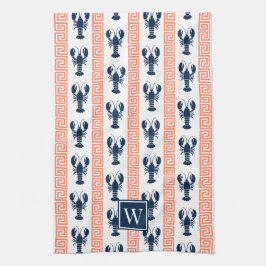 Preppy Lobster Greek Key  Coral & Navy Monogram Kökshandduk