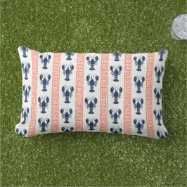 Preppy Lobster Greek Key - Coral & Navy Monogram Lumbarkudde