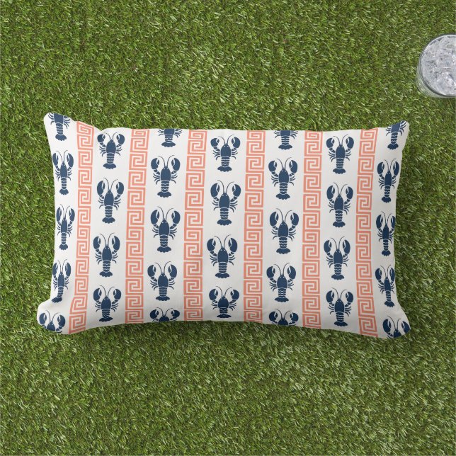 Preppy Lobster Greek Key - Coral & Navy Monogram Lumbarkudde (Gräs)