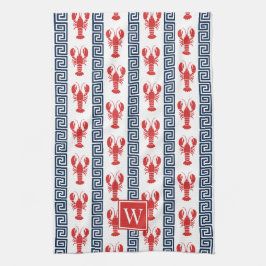 Preppy Lobster Greek Key  Red & Navy Monogram Kökshandduk