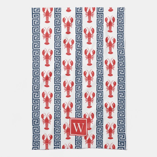 Preppy Lobster Greek Key  Red & Navy Monogram Kökshandduk (Vertikal)