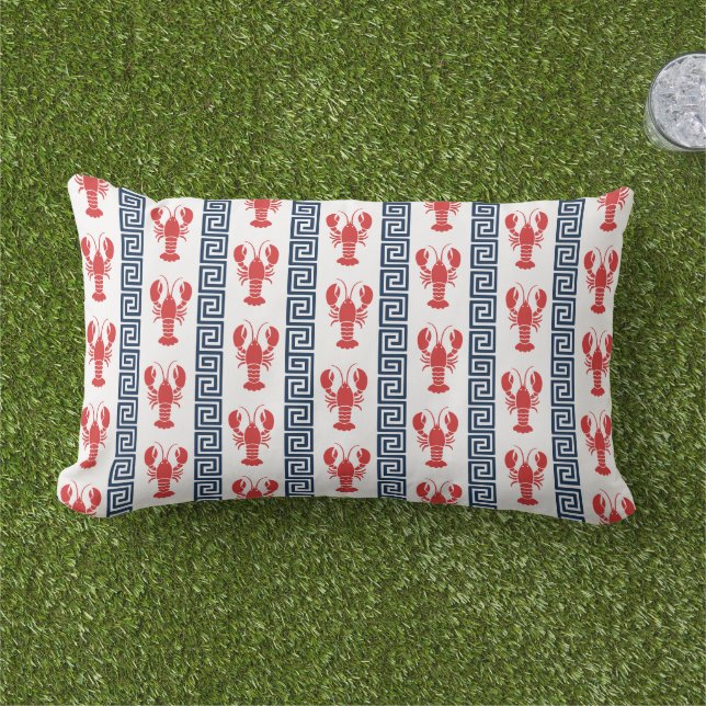 Preppy Lobster Greek Key - Red & Navy Monogram Lumbarkudde (Gräs)