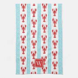 Preppy Lobster Greek Key  Red & Turquoise Monogram Kökshandduk