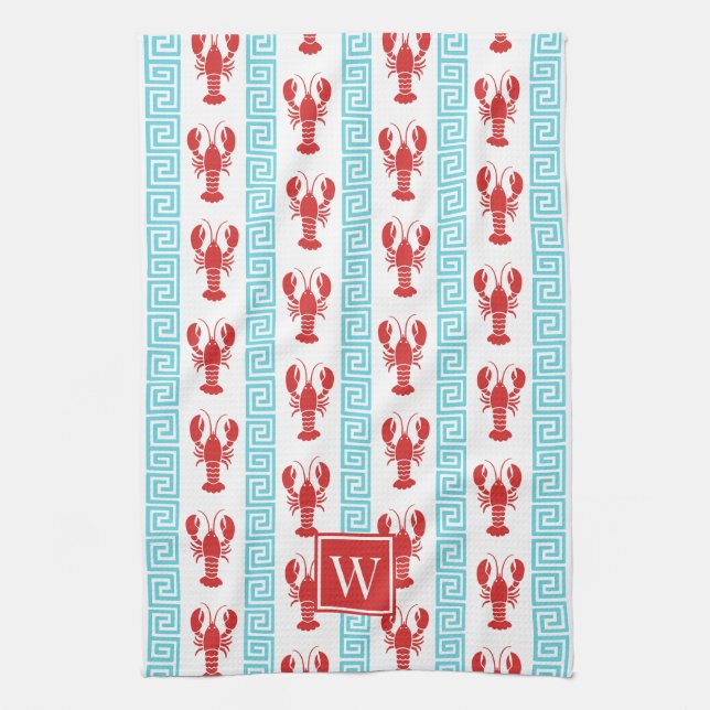 Preppy Lobster Greek Key  Red & Turquoise Monogram Kökshandduk (Vertikal)