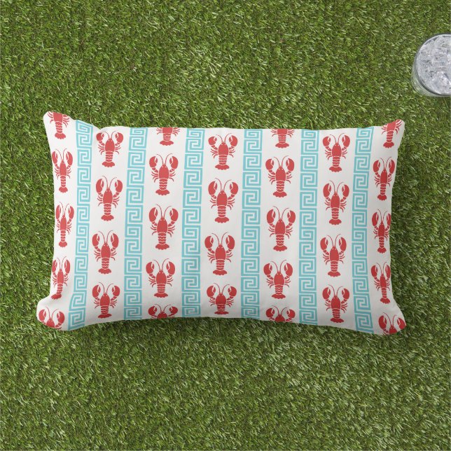 Preppy Lobster Greek Key  Red & Turquoise Monogram Lumbarkudde (Gräs)