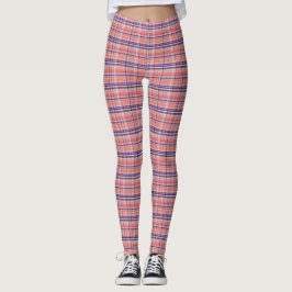 Preppy Lt Coral Vit Navyblå Plaid Madras Tartan Leggings