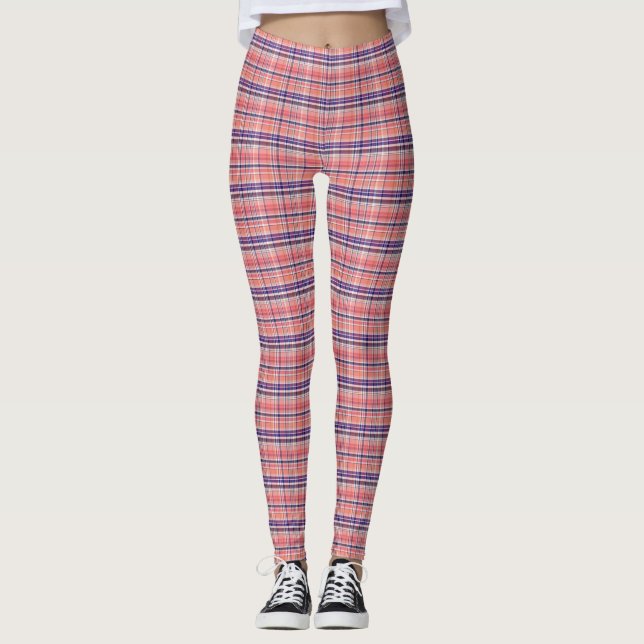 Preppy Lt Coral Wht Navy Blue Play Madras Tartan Leggings (Framsida)