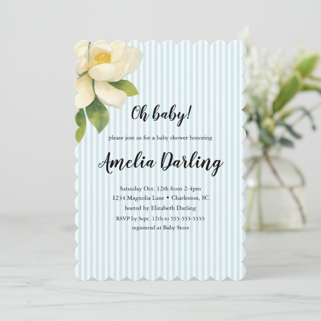 Preppy Magnolia Flower Stripe Baby Shower Inbjudningar (Stående Fram)