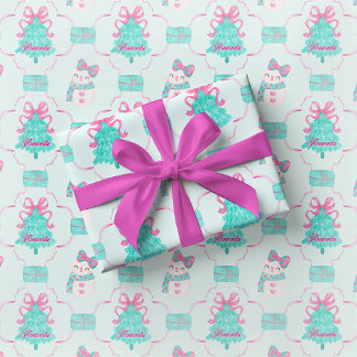 Preppy Mint Girly Christmas Gift Wrap Pink Bow Presentpapper