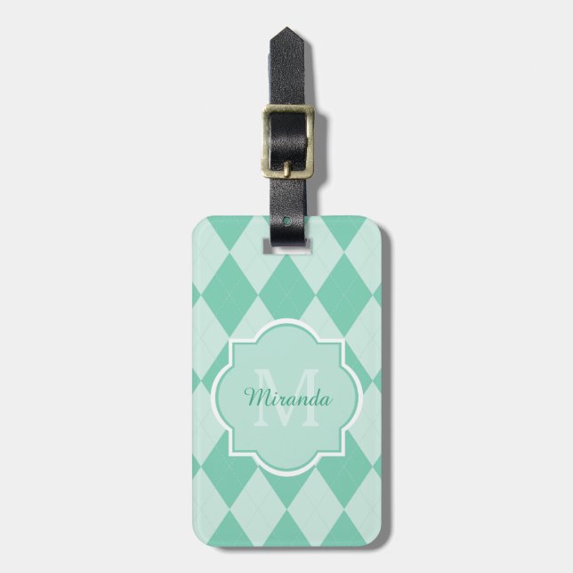 Preppy Mint Grönt Argyle Girly Monogram och Namn Bagagebricka (Vertikal Framsida)