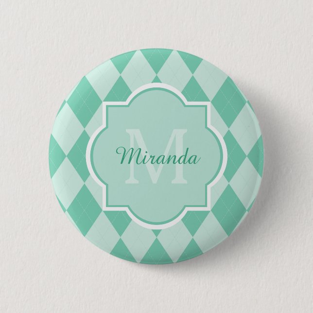 Preppy Mint Grönt Argyle Girly Monogram och Namn Knapp (Framsida)