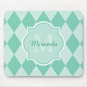 Preppy Mint Grönt Argyle Girly Monogram och Namn Musmatta
