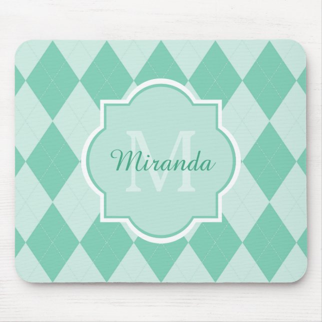 Preppy Mint Grönt Argyle Girly Monogram och Namn Musmatta (Framsidan)