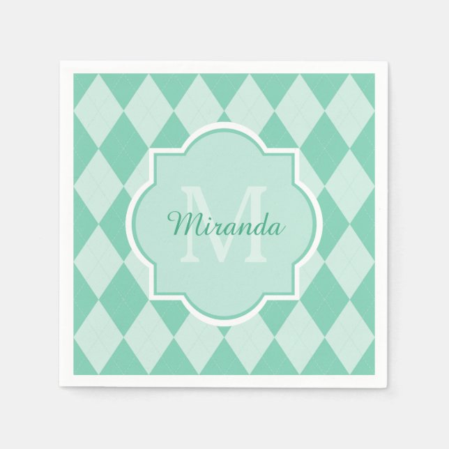 Preppy Mint Grönt Argyle Girly Monogram och Namn Pappersservett (Framsidan)