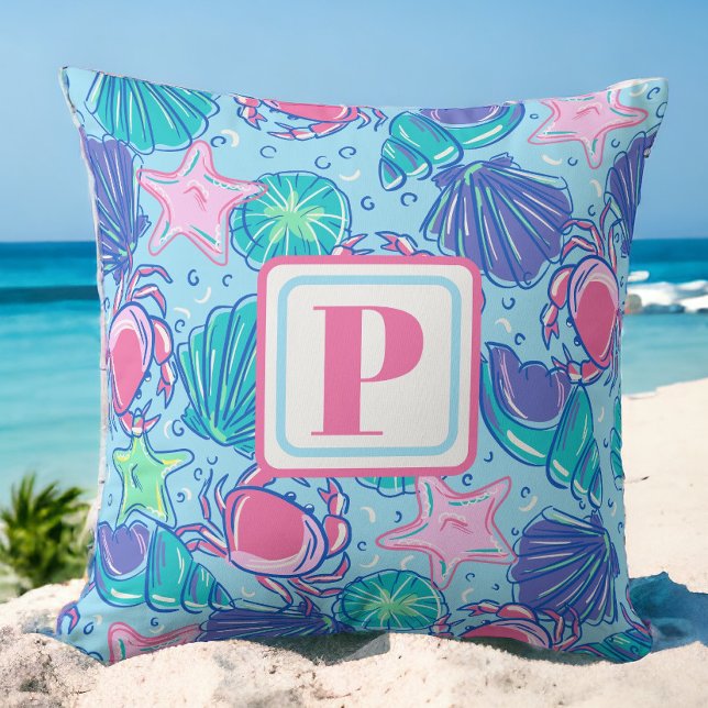 Preppy Monogram Beach Snäcka Crab Kudde (Skapare uppladdad)