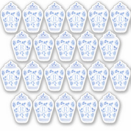 Preppy Monogram Blå Och Vit Ginger Jar Klistermärken