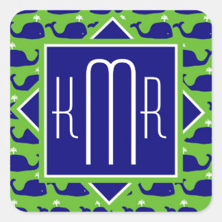 Preppy Monogram | Blåvalar av Grönt Fyrkantigt Klistermärke