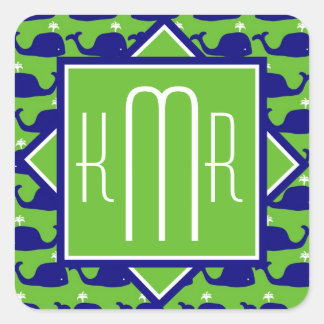 Preppy Monogram | Blåvalar och Gröntar Fyrkantigt Klistermärke
