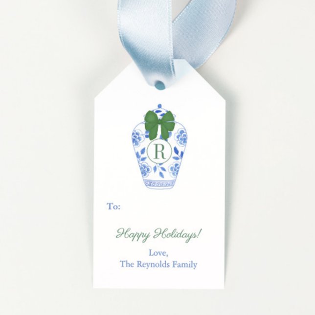Preppy Monogram Grönt Bow Glad helg Presentetikett (Hand painted watercolor Ginger jar with green bow and monogram preppy merry christmas gift tags)