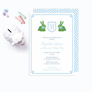 Preppy Monogram lite Bunny Boy Baby Shower Party Inbjudningar