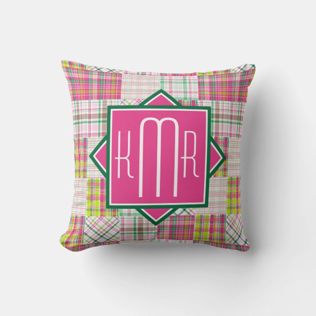 Preppy Monogram | Rosa och Grönt Pälle Kudde (Framsida)