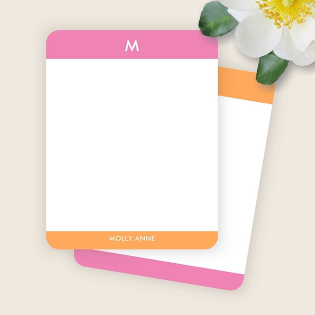 Preppy Monogram Rosa och Orange Tjejig Anteckningskort (Skapare uppladdad)