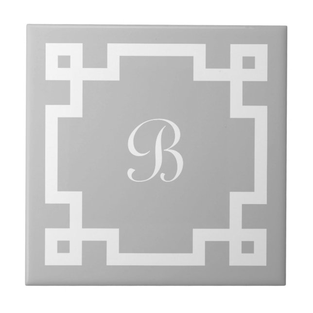 Preppy Monogram Vit Grekisk Nyckel Kant Grå Kakelplatta (Framsidan)