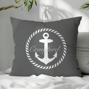 Preppy Mörk Grått & White Nautical Anchor Monogram Kudde