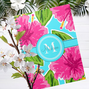 Preppy Namn/Initial Monogram Rosa Hibiscus Anteckningsbok