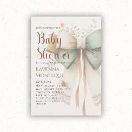Preppy Natur Crème Salvia Lapptäcke Bow Babyshower Inbjudningar