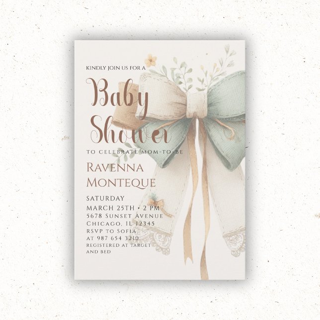 Preppy Natur Crème Salvia Lapptäcke Bow Babyshower Inbjudningar (Skapare uppladdad)