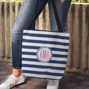 Preppy Nautical Navy Rand och Rosa Monogram Tygkasse
