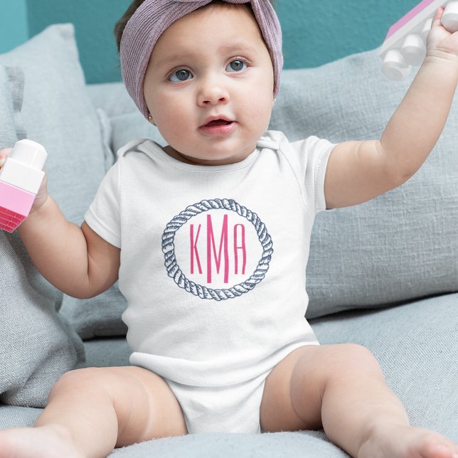 Preppy Nautical Navy & Rosa Rope Monogram Baby T Shirt (Skapare uppladdad)