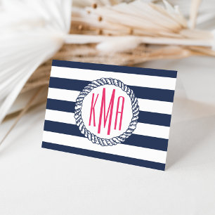 Preppy Nautical Navy & White Rand Rosa Monogram Anteckningskort