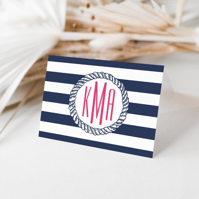 Preppy Nautical Navy & White Rand Rosa Monogram Anteckningskort (Skapare uppladdad)