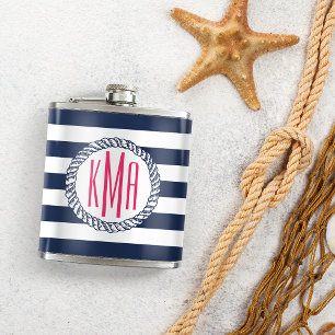 Preppy Nautical Navy & White Rand Rosa Monogram Fickplunta