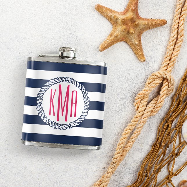 Preppy Nautical Navy & White Rand Rosa Monogram Fickplunta (Skapare uppladdad)