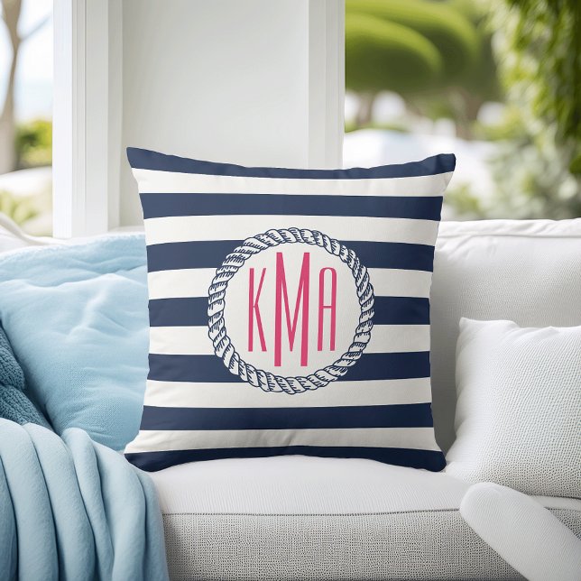 Preppy Nautical Navy & White Rand Rosa Monogram Kudde (Skapare uppladdad)