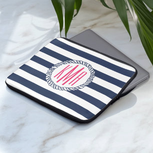 Preppy Nautical Navy & White Rand Rosa Monogram Laptop Fodral